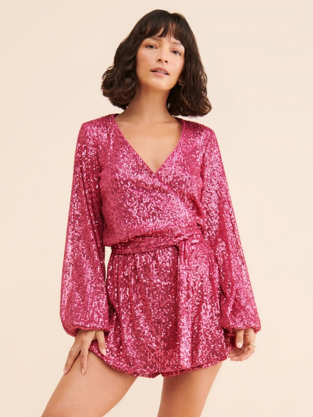 Free People Christa Sequin Long Sleeve Romper